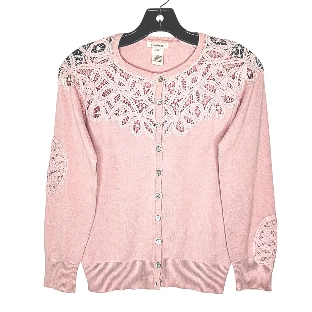Sundance Pink Cotton Crochet Lace Inset Button Up Cardigan